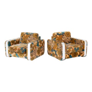 Vintage Mid Century Floral Velvet and Chrome Club Chairs- A Pair For Sale