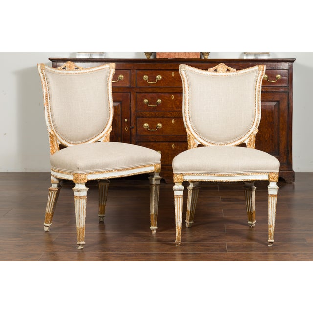 Late 18th Century Pair of Italian Neoclassical Painted and Carved Side Chairs with Shield Backs For Sale - Image 5 of 12