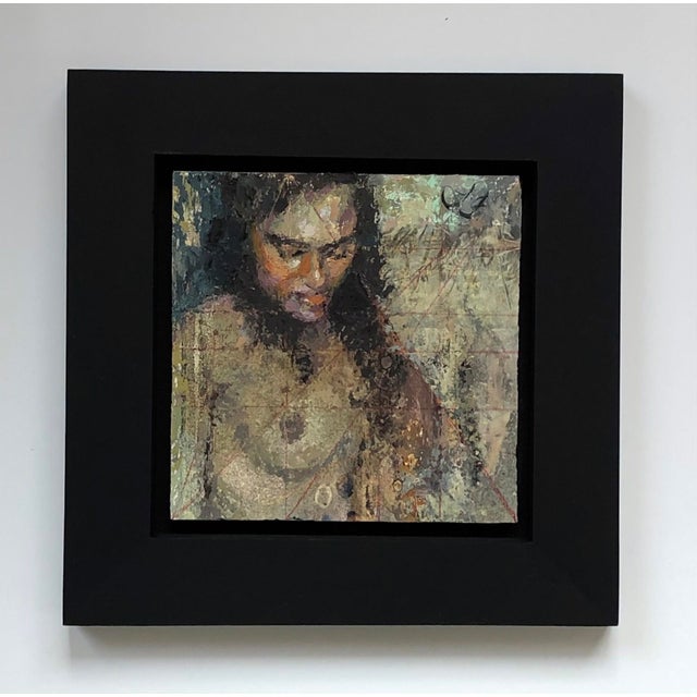 Twice Shy features a contemplative figure rendered with a delicate interplay of oil and collage, creating a textured...