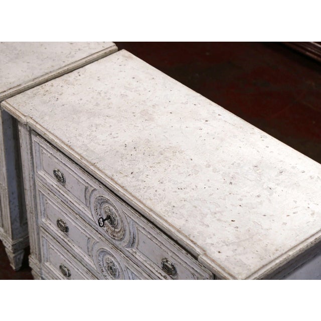 19th Century French Louis XVI Carved Painted Commode With Medallion Drawers For Sale - Image 4 of 11