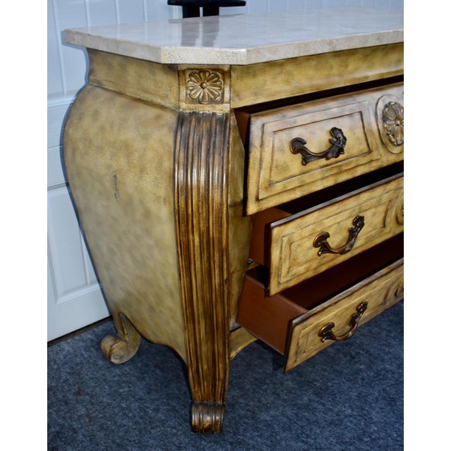 Wood Marble Top Chest French Baroque Style Bombay Commode Carved 3 Drawer 90's For Sale - Image 16 of 18