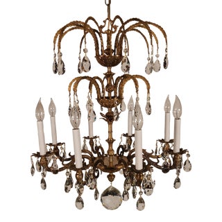 Vintage French Brass 8 Lite Double Headdress Lead Crystal Chandelier For Sale