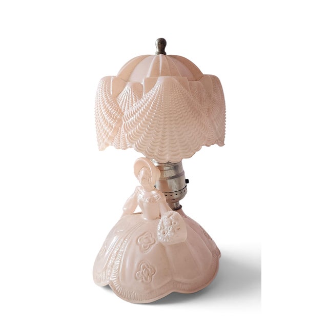 This is a great Art-Deco styled colored pale pink opaque glass "Southern Belle" boudoir lamp, 1940s, made by L.E. Smith...