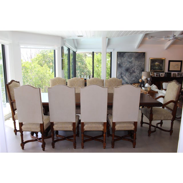 Vintage Provence Collection From Bussandri Arte Louis XIV Style Fabric & Leather Dining Chairs, Set of 10, C. 2003 For Sale - Image 17 of 18