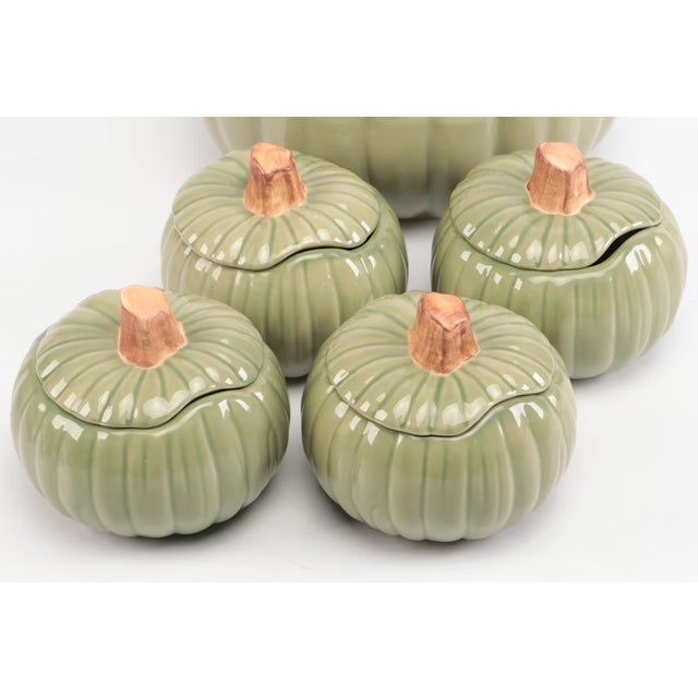 Williams-Sonoma Williams-Sonoma Sage Green Pumpkin Soup Tureen & 4 Bowls - Set of 5 For Sale - Image 4 of 7