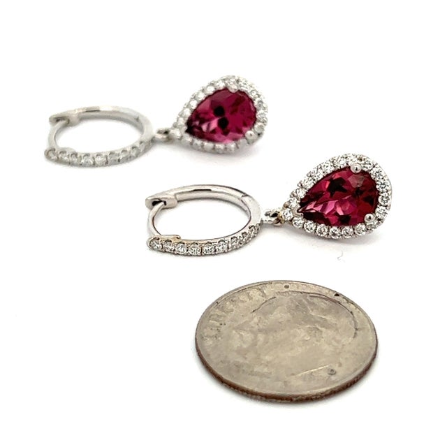 Metal Diamond Rubellite Tourmaline Drop Earrings 18k W Gold 2.93 TCW Certified For Sale - Image 7 of 12