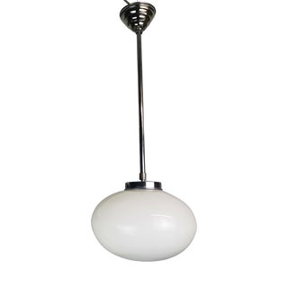 Art Deco Portuguese Oval White Opaline Glass Hanging Lamp, 1950s For Sale