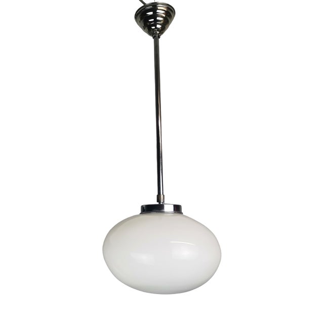 Art Deco Portuguese Oval White Opaline Glass Hanging Lamp, 1950s For Sale