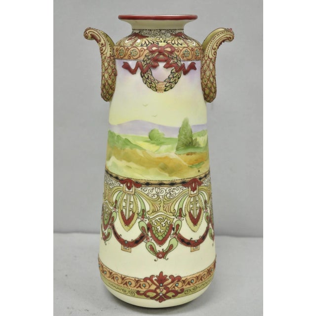 Antique Nippon Hand Painted Porcelain Countryside Moriage Tall Twin Handle Vase For Sale - Image 13 of 18