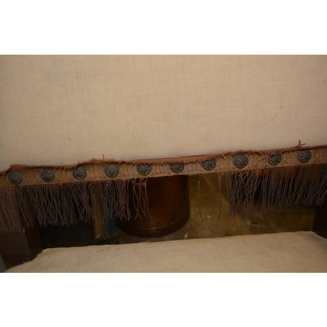 Antique Carved Wood Arm / Throne Chair Straw / Hair Stuffed W/ Metal Rivets For Sale - Image 12 of 17