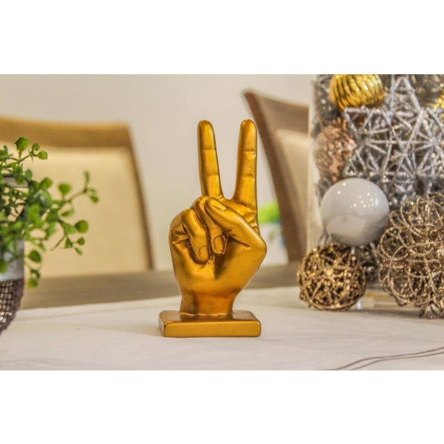 Modern Gold Peace Sign Hand Symbol Sculpture For Sale - Image 3 of 8