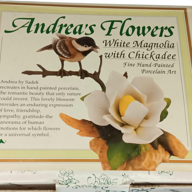 Rare Andrea by Sadek White Magnolia With Chickadee Porcelain Figurine With Box For Sale - Image 18 of 18