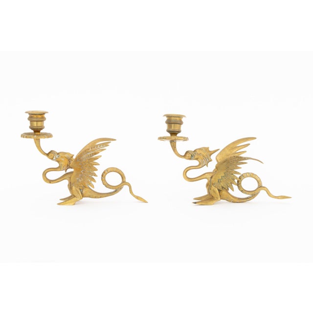 Pair of Vintage Dragon Form Bronze Candlestick Holders. 6" H x 6" W x 7.25" D. Provenance: From a New York City Collection.