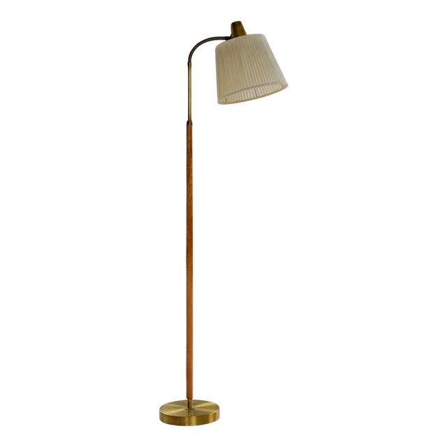 Mid-Century Modern Brass and Brown Leather Floor Lamp from Falkenbergs Belysning, Sweden, 1960s For Sale