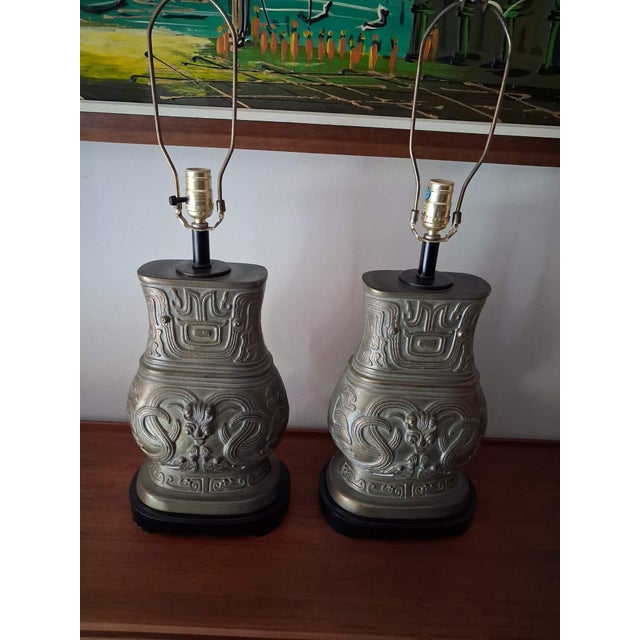 1980s Archaistic Pair of Brass Chinese Hu Vessel Urn Table Lamps - a Pair For Sale - Image 4 of 13