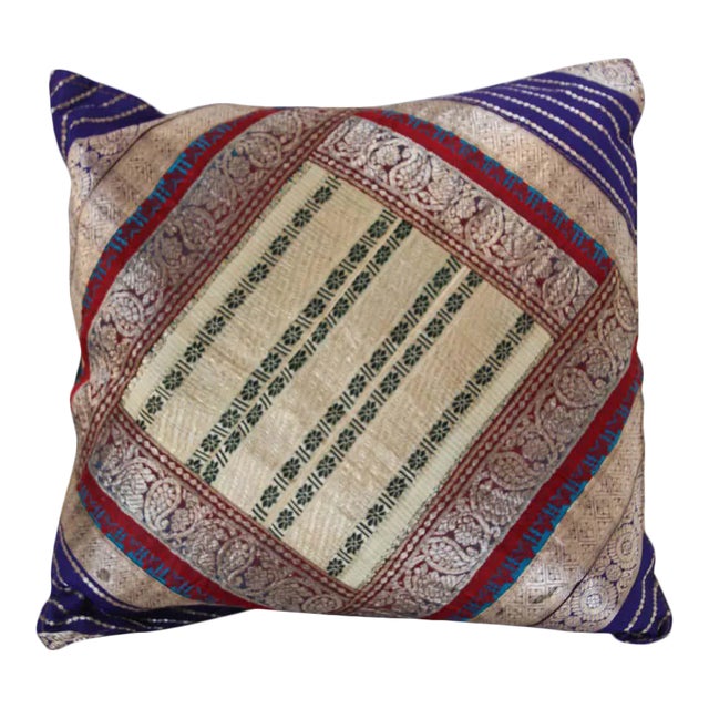 Decorative Throw Silk Pillow Made From Vintage Sari Borders, India For Sale