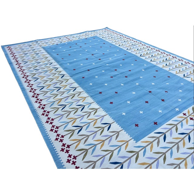 Textile Handmade Cotton Rug, Natural Vegetable Dyed Cream, Blue, Beige and Red Leaf Rug - 9'x12' For Sale - Image 7 of 10
