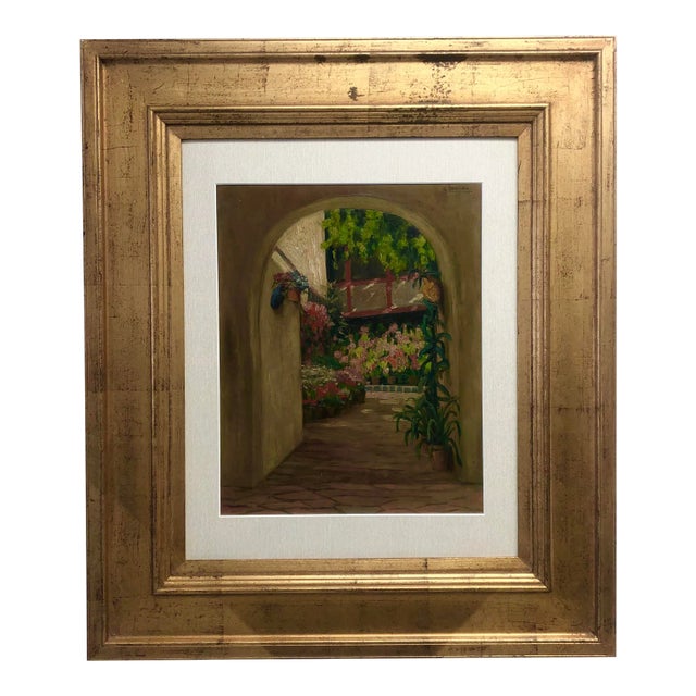 1940s Interior Garden Courtyard Scene Oil Painting, Framed For Sale