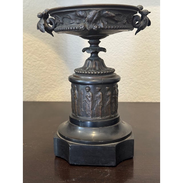 Stone Pair of 19th Century Bronze Neoclassical Tazza Urns on Black Marble Bases For Sale - Image 7 of 8