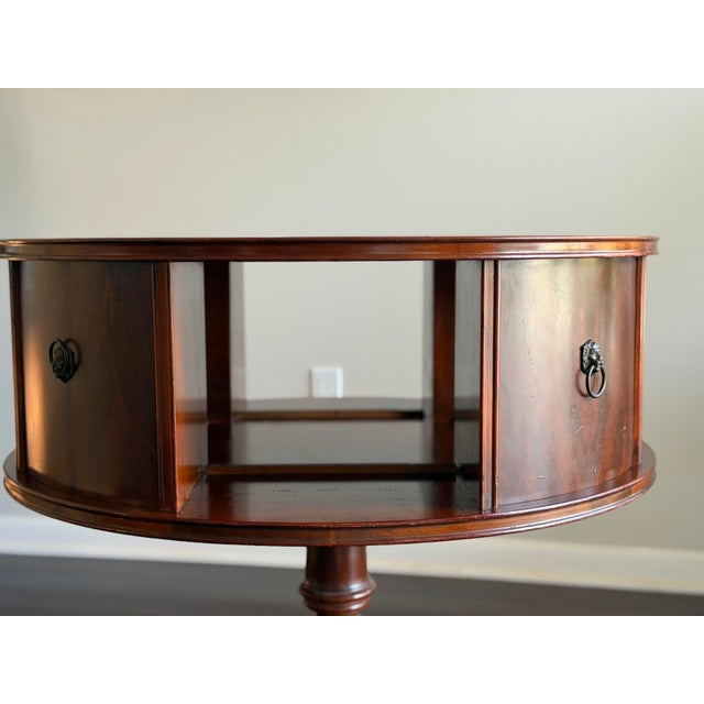 Vintage Mahogany Revolving Drum Library Table With Leather Top Duncan Phyfe Style Rotating Bookcase End Table For Sale - Image 12 of 12