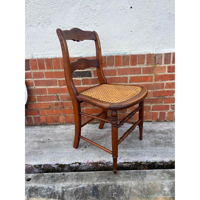 Wood Early 20th Century Antique Victorian Style Walnut Cane Seat Side Chair For Sale - Image 7 of 8