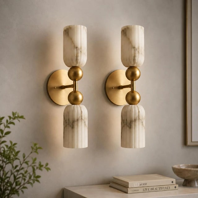 Luxury Alabaster Wall Sconce Set of 2, Handcrafted Solid Brass Double Cylinder Wall Sconce, Italian Marble Wall Lamp, Brass Double Light Fixture For Sale - Image 4 of 10