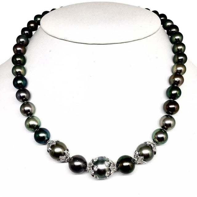 Traditional Diamond Tahitian Pearl Necklace 18k Gold 13.25 mm 17" Certified For Sale - Image 3 of 11