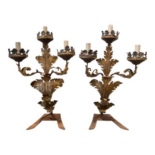 19th Century Pair of 3 Arm Italian Candelabras in Gilded Tole For Sale