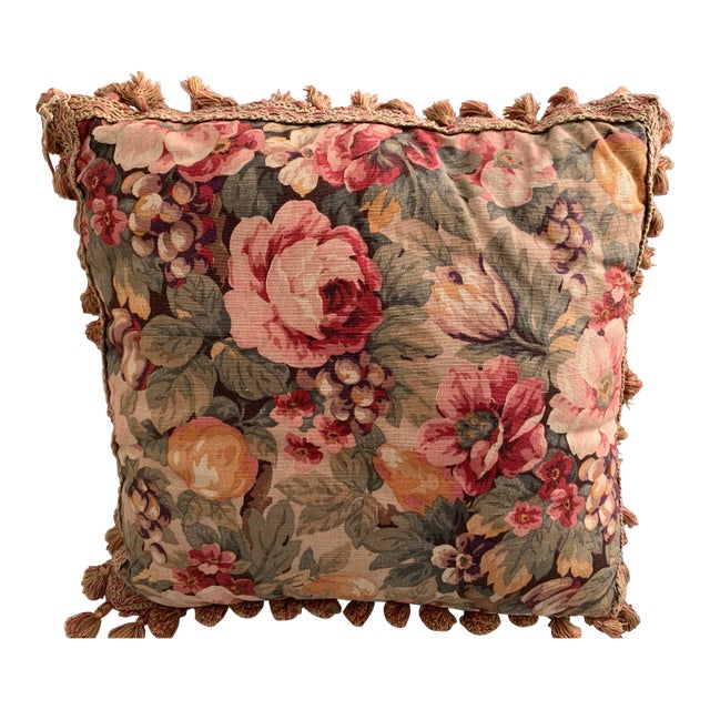 Vintage Decorative Cushion Pillow Floral Cabbage Roses and Fruits Pattern Cotton Linen Tassels Borders 19” X 19” For Sale