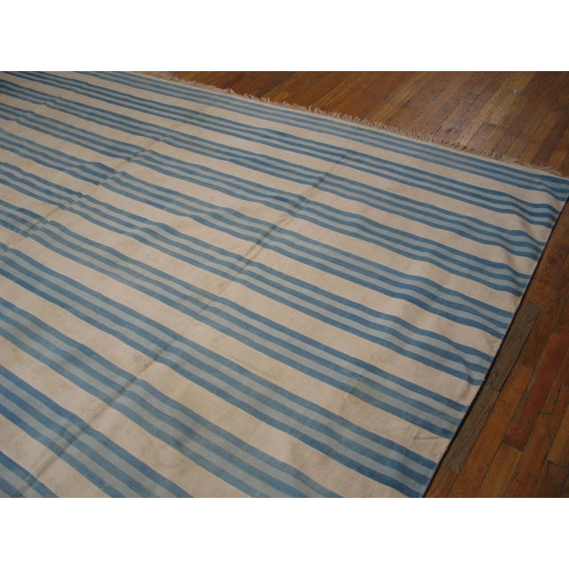 Early 20th Century Striking Example of Minimalist With Multi Blue Stripe Dhurrie Style Antique Indian Cotton Rug For Sale - Image 5 of 11