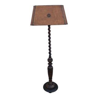 Maitland Smith Burl Walnut Barley Twist Floor Lamp With Original Leather Shade For Sale
