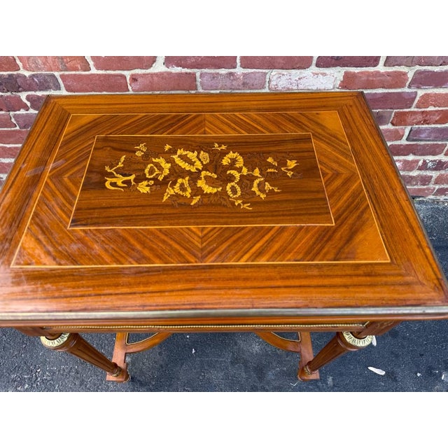 French Provincial Vintage Louis XvI Style Marquetry Stretcher Base Brass Mounted Floral Inlaid Card Table For Sale - Image 3 of 16