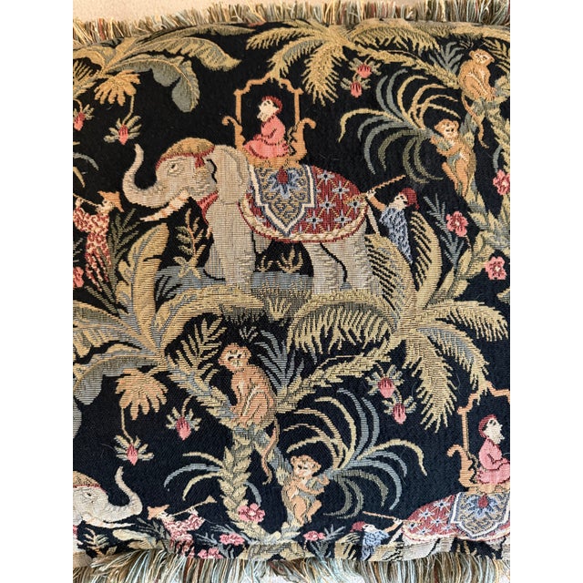 Vintage Chinoiserie Tapestry Throw Pillows With Elephants and Monkeys - A Pair For Sale - Image 12 of 13