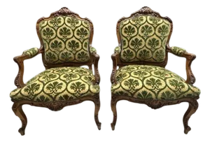 Antique French Louis XV Style Carved Walnut Bergere Armchairs With Green and Gold Damask and Nailhead Details - Set of Two