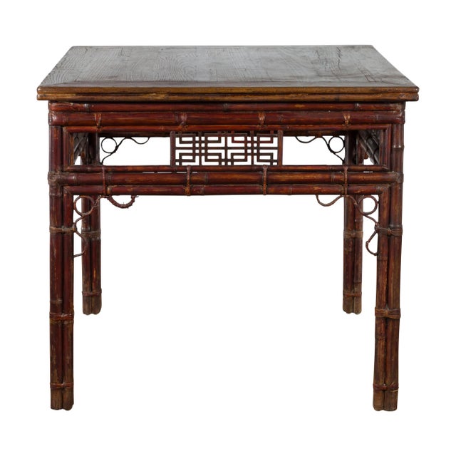 Early 20th Century Early 20th Century Chinese Bamboo & Elm Wine Table with Rattan Looping Accents For Sale - Image 5 of 13