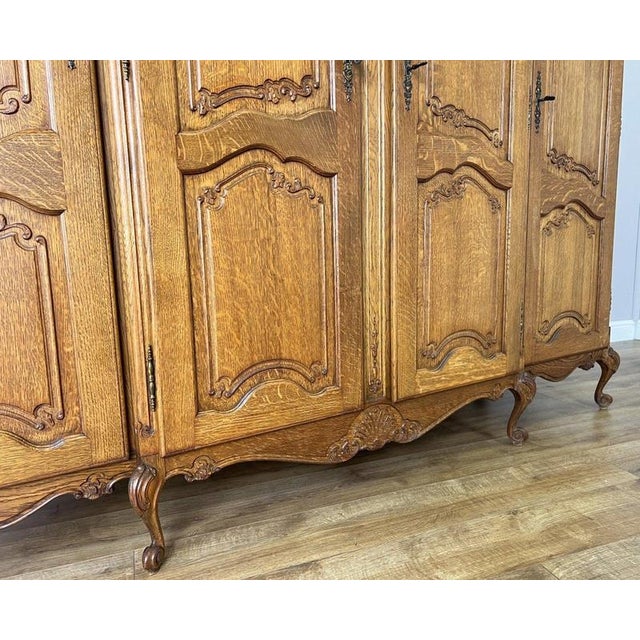 Vintage French Louis XVI Style Carved Oak 4-Door Wardrobe For Sale - Image 9 of 13