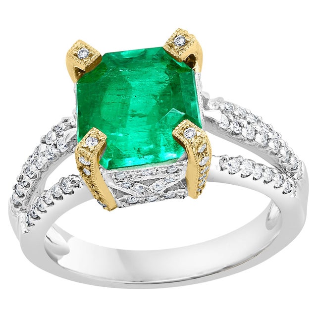 2.93 Carat Emerald Cut Colombian Emerald & 0.52Ct Diamond Ring 18K White/Y Gold For Sale - Image 15 of 18