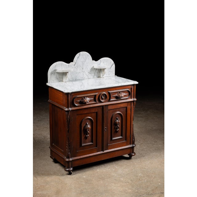 Victorian Late 19th Century Eastlake Victorian Walnut Commode Wash Stand With Marble Top For Sale - Image 3 of 11