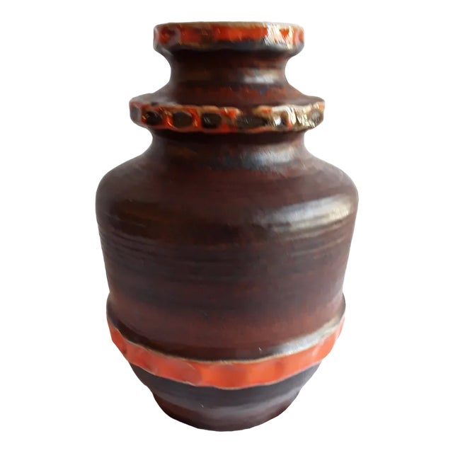 Vintage German Ceramic Vase with Brown-Blue Glaze with Orange Stripes from Carstens Tönnieshof, 1970s For Sale