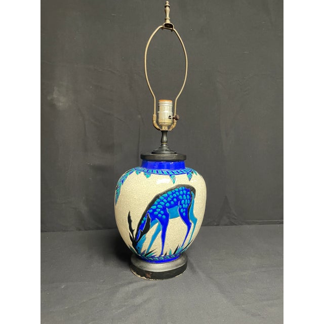 Art Deco 1920s Charles Catteau Boch Freres Art Deco Blue Deer Lamp For Sale - Image 3 of 12