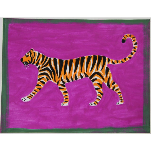 Tiger on Red Violet and Green Border by Cleo Plowden For Sale