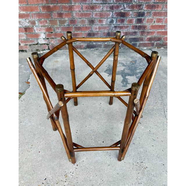 Vintage 1970’s Two-Tier Real Bamboo & Glass Octagonal Side Table - Brass Capped - McGuire Style For Sale - Image 11 of 11