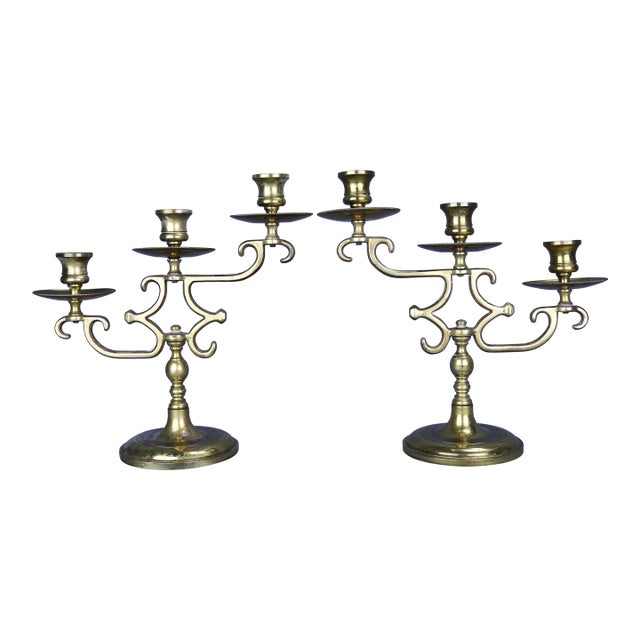 10" Vintage Solid Brass Candelabras Three Arms - Set of 2 For Sale