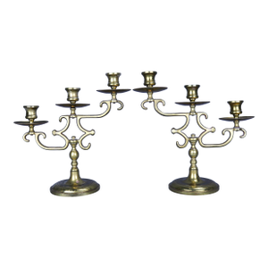10" Vintage Solid Brass Candelabras Three Arms - Set of 2