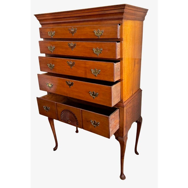Queen Anne 18th C. Queen Anne Cherry High Boy With Fan Carved Panel For Sale - Image 3 of 10