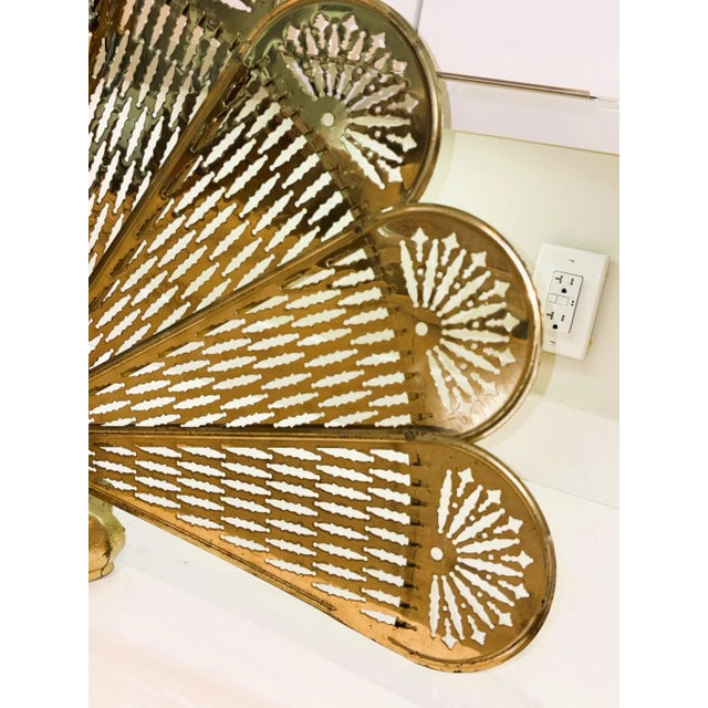 French Vintage French Laurel Swag & Cameo Brass Peacock Fan Folding Fireplace Screen For Sale - Image 3 of 17