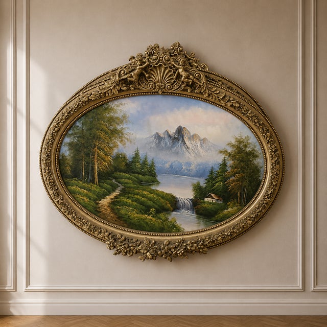 French French-Style Oval Landscape Painting With Gold Leaf Frame & Cherub Details – Elegant Nature Wall Art For Sale - Image 3 of 3