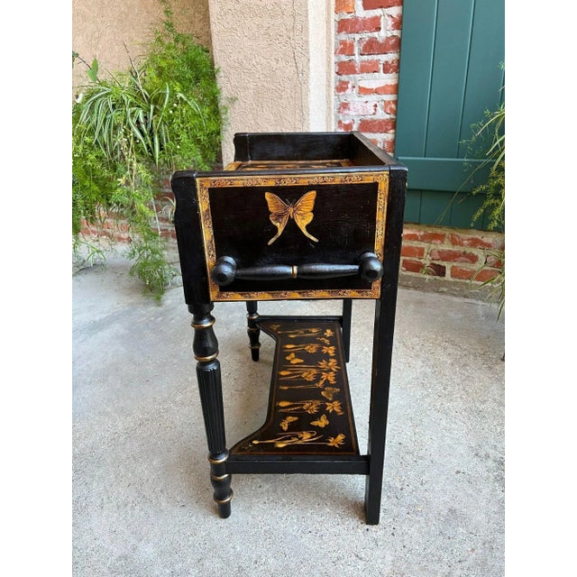 Antique English Sofa Side Table Decoupage Botanical Floral Black Gold C1890 For Sale - Image 18 of 18