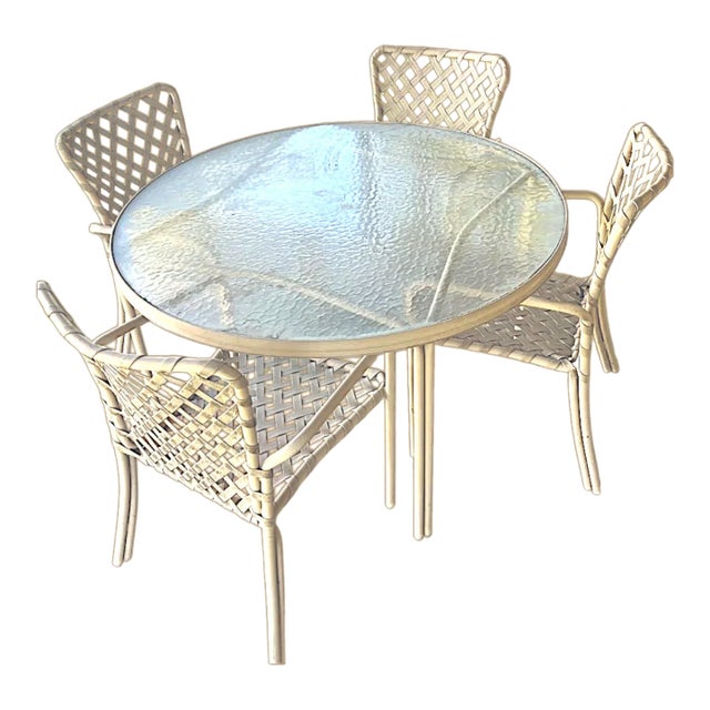 Vintage 1970s Brown Jordan Taupe Tamiami Outdoor Aluminum and Vinyl Dining Set - 5 Piece For Sale