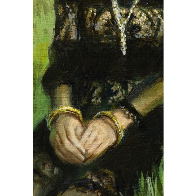 Listening by Nadezda | Oil on Panel Woman sitting in grass with a birdhouse in the background. For Sale - Image 4 of 5
